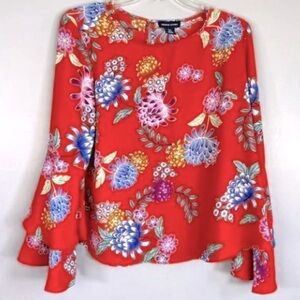 Adrienne Vittadini Floral Belle Sleeve Red Blouse NWOT Large